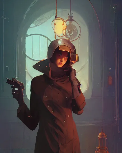 Prompt: a mysterious hermit, beautiful woman, steam - punk, mechanical parts, high fantasy, androgynous, digital painting by ilya kuvshinov, greg rutkowski, wlop, james jean, victo ngai, beautifully lit, muted colors, highly detailed, dynamic pose, artstation, fantasy art by craig mullins and thomas kinkade