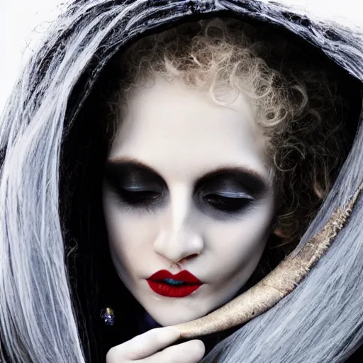 Image similar to a beautiful english woman with a long face narrow nose pale skin blue eyes red lips and wild messy tangles of curly white blonde hair, high resolution film still wearing a black robe and skull necklace and holding a crescent moon spade, sandy, a journey to the west