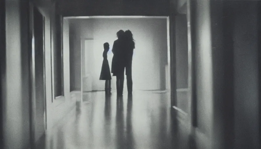 Prompt: 7 0 s film still from a horror movie of two young adults standing in profile and facing each other looking downwards while standing in a liminal space, kodachrome, cinecolor, cinestill, photorealism, cinematic, film grain, film texture, vhs recording