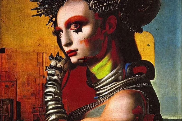 Prompt: close up portrait of a fractal punk goth alien martian girl in a fluorescent cyberpunk futuristic city by richard avedon, oil painting by canaletto hieronymus bosh leonardo da vinci piero della francesca botticelli
