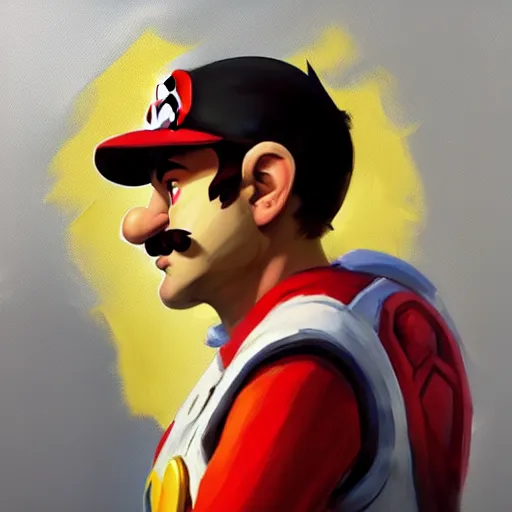 Image similar to Greg Manchess portrait painting of Super Mario as Overwatch character, medium shot, asymmetrical, profile picture, Organic Painting, sunny day, Matte Painting, bold shapes, hard edges, street art, trending on artstation, by Huang Guangjian and Gil Elvgren and Sachin Teng