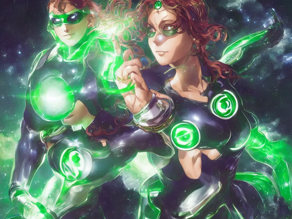 Image similar to anime key visual of one beautiful female green lantern, dc comics, power, hope, glowing, intricate, in space, stunning, highly detailed, digital painting, artstation, smooth, hard focus, illustration, art by artgerm and greg rutkowski and alphonse mucha