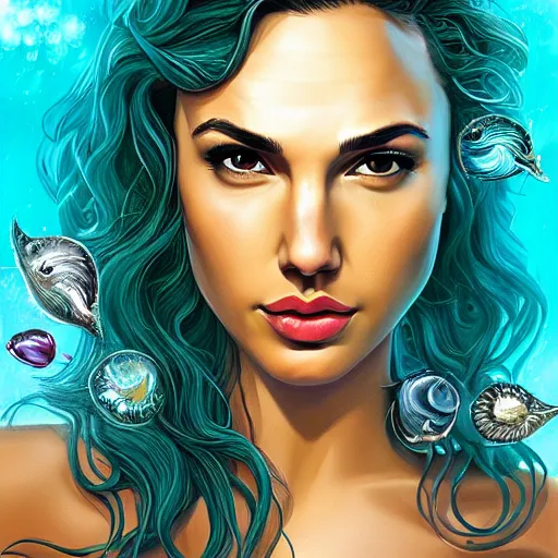 Image similar to “ gal gadot portrait, fantasy, mermaid, hyperrealistic, game character, underwater,, highly detailed, cinematic lighting, pearls, glowing hair, shells, gills, crown, water, highlights, starfish, goddess, jewelry, realistic, digital art, pastel, magic, fiction, ocean, queen, colorful hair, sparkly eyes, fish, heroic, waves, bubbles ”