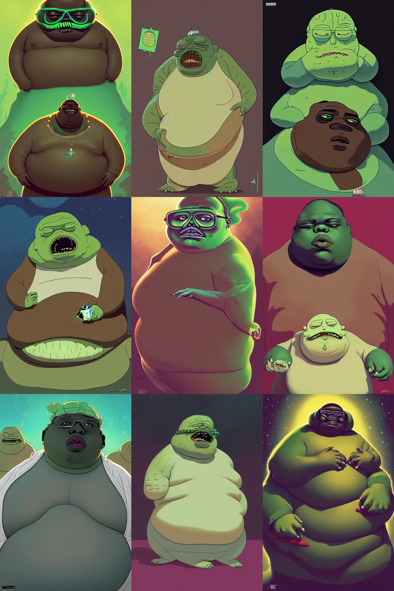 Prompt: the notorious b. i. g. as a jabba the hut, rick and morty pickle rick, shaded lighting poster by magali villeneuve, artgerm, jeremy lipkin and michael garmash, rob rey and kentaro miura style, trending on art station