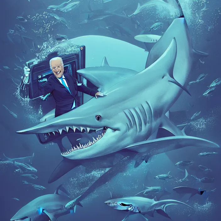 Image similar to portrait of joe biden as a shark. intricate abstract. intricate artwork. by tooth wu, wlop, beeple, dan mumford. octane render, trending on artstation, greg rutkowski very coherent symmetrical artwork. cinematic, hyper realism, high detail, octane render, 8 k, iridescent accents