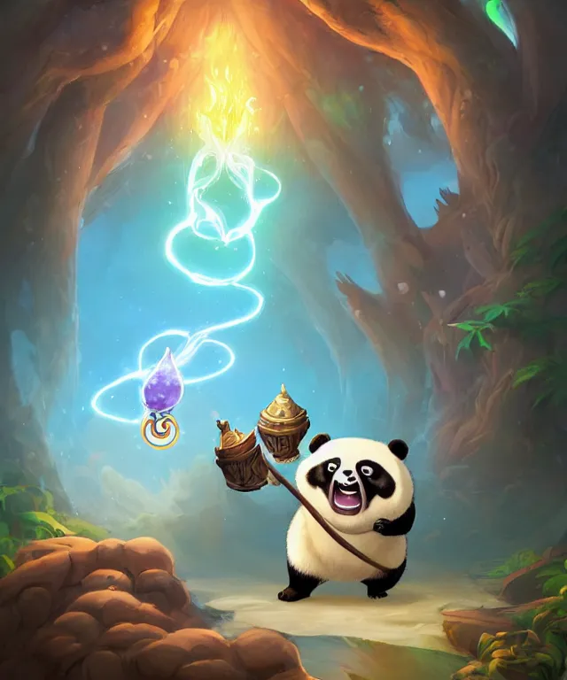 Prompt: an anthropomorphic panda mage wearing flowing robes, casting a spell, landscape in background, cute, dnd character art portrait, pixar style, by jason felix by steve argyle by tyler jacobson by peter mohrbacher, cinematic lighting