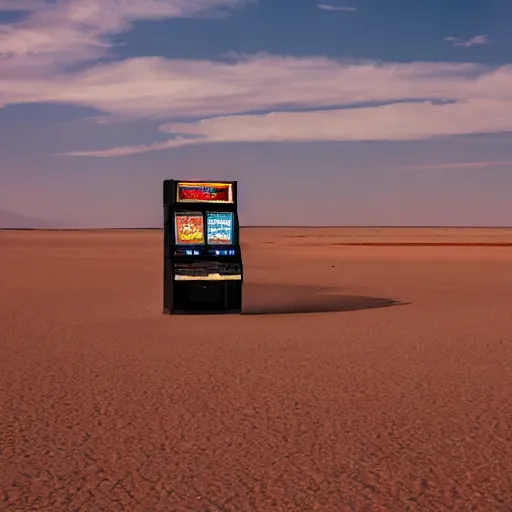 Image similar to a distant slot machine in the middle of a desert, wide shot, establishing wide shot, dark lighting, long exposure photography, slow shutter,