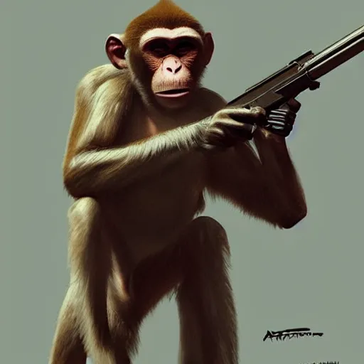 Prompt: monkey with a machine gun, artstation, character concept art, hyper-realism, artstation