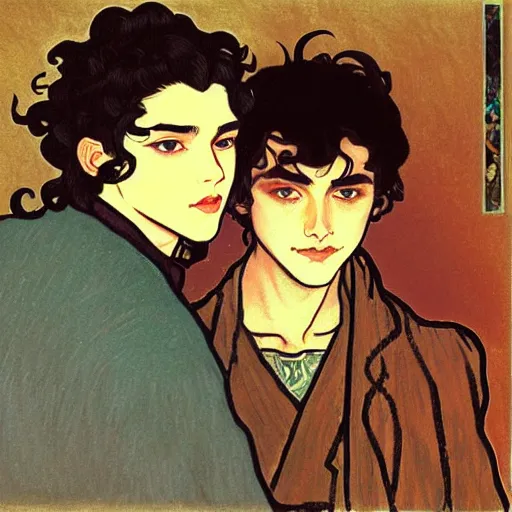 Image similar to painting of young cute handsome beautiful dark medium wavy hair man in his 2 0 s named shadow taehyung and cute handsome beautiful min - jun together at the halloween witchcraft party with bubbling cauldron, melancholy, autumn colors, elegant, ritual, stylized, gorgeous eyes, soft facial features, delicate facial features, art by alphonse mucha, vincent van gogh, egon schiele