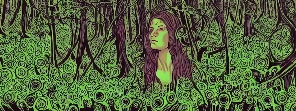 Image similar to a grunge technogaianist long-haired blonde digital musician playing modular synthesizer in the forest, technology and nature swirling in harmony, plugging vines into the synthesizer, trees swaying to the beat, postmodern surrealist concert poster, grainy poster art, hand drawn matte painting by Tara McPherson and Gary Houston, smooth, sharp focus, extremely detailed, 35mm.