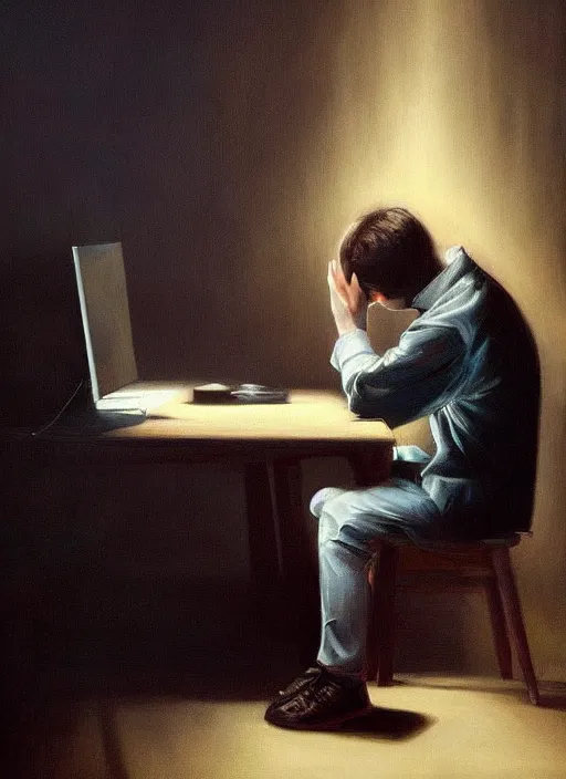 Image similar to insanely detailed chiaroscuro image of a sleepy - looking programmer guy on his knees facing his glowing ultrawide monitor begging it for forgiveness, oil on canvas, masterwork, fine detail, trending on artstation, emotive, insanely compelling, ryden, koons, moebius