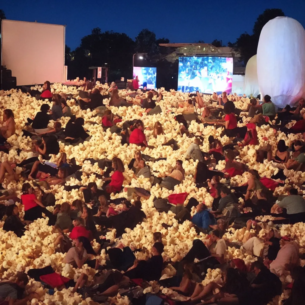 Image similar to outdoor cinema with giant popcorn at night