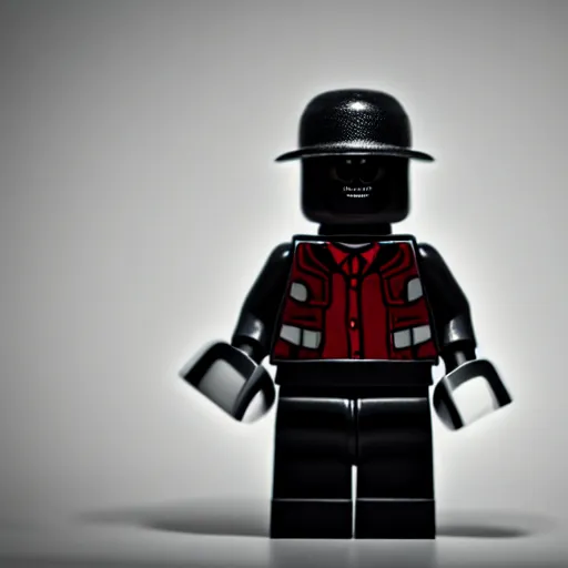 Image similar to macro photo of angry man lego figure in black spotwear, eight-piece cap on head, holding a vodka bottle, ambient lighting