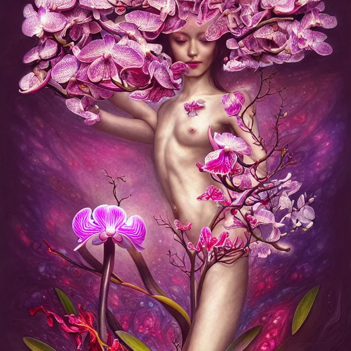 Image similar to extremely psychedelic fetus made of orchid and cherry blossom tree and mushroom, LSD, diffuse lighting, fantasy, intricate, elegant, highly detailed, lifelike, photorealistic, digital painting, artstation, illustration, concept art, smooth, sharp focus, art by John Collier and Albert Aublet and Krenz Cushart and Artem Demura and Alphonse Mucha