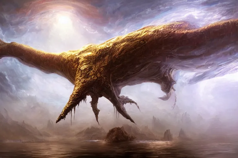 Image similar to ultra realist soft painting of a single eldrich gigantic creature, floating in the depth of space, very intricate details, dense fog, golden ratio, volumetric cinematic lighting, reflections, refractions, symmetry accurate anatomy features, omnious background, unreal render