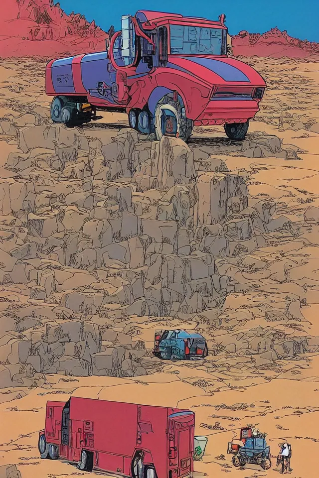 Image similar to colorfull comicpage with panels and speech balloons by Moebius and Jean Giraud showing a futuristic oil truck driving through the desert, airtight garage