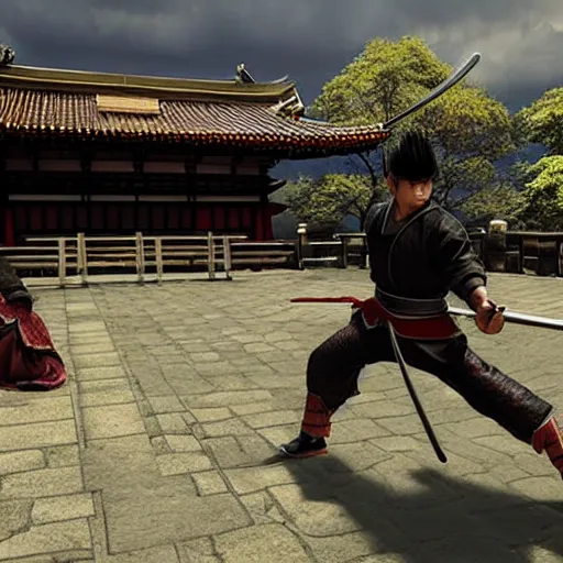 Image similar to an action fight scene between a samurai and a ninja, unreal engine, hyper realistic, high detail, cinematic, magic, japan, temples,
