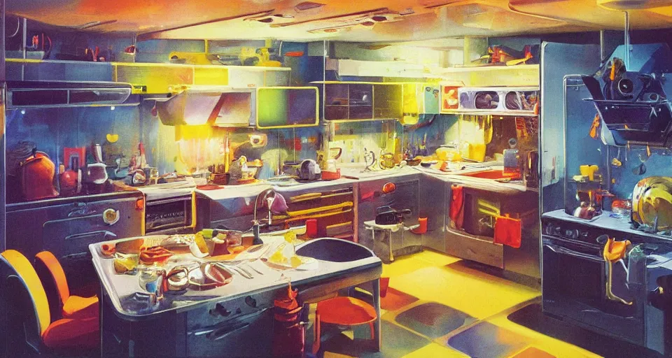 Prompt: IKEA catalogue photo of a kitchen on a spaceship, by Paul Lehr