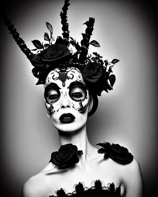 Prompt: dreamy surreal poetic black and white photo of a beautiful young female-cyborg-plant with a very long neck and a super big gothic lace collar and a very high big floral crown with many black dry roses by Vivienne Westwood:: smoke, high fashion, haute couture, rococo, avant-garde, elegant, dreamy, hyper realistic, 150 mm lens, soft rim light, octane render, unreal engine, picture was taken in 1910 by Dora Maar, volumetric lighting, dramatic light,8k,