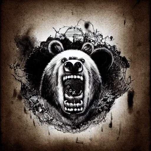 Prompt: black and white illustration creative design, scary bear, body horror