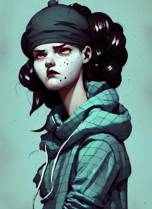 Image similar to highly detailed portrait of a sewer punk lady, tartan hoody, ringlet hair by atey ghailan, by greg rutkowski, by greg tocchini, by james gilleard, by joe fenton, by kaethe butcher, gradient light blue, black, cream and white color scheme, grunge aesthetic!!! ( ( graffiti tag wall background ) )