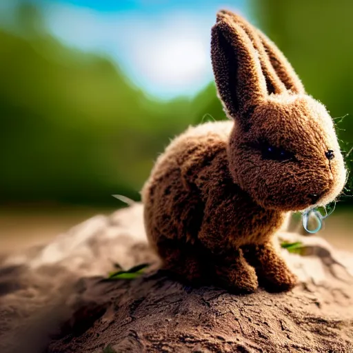 Prompt: a photo of a little brown ninja bunny that is a plush muppet wearing a cool ninja outfit and posed out in nature, photorealistic, photography, ambient occlusion, rtx, national geographic