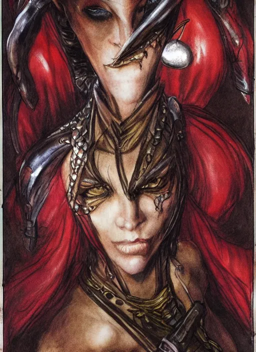 Image similar to portrait of strong female rogue, beautiful! coherent! dungeons and dragons character, by brian froud, strong line, night color, leather armor, short red hair, high contrast