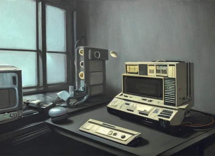 Image similar to still life painting of a retro electronics supercomputer workstation by pieter claesz, oil on canvas, blade runner vibes, syd mead concept art, minimalist, strong lighting, highly detailed, hyper realism, golden hour, god rays, hd, 4 k