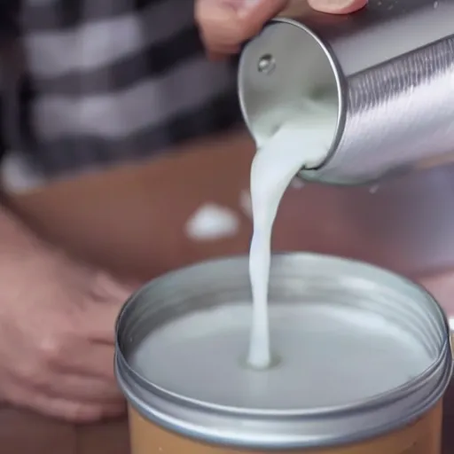 Prompt: an aluminum can being poured out out, pouring white liquid, pouring milk. advertisement, canned milk