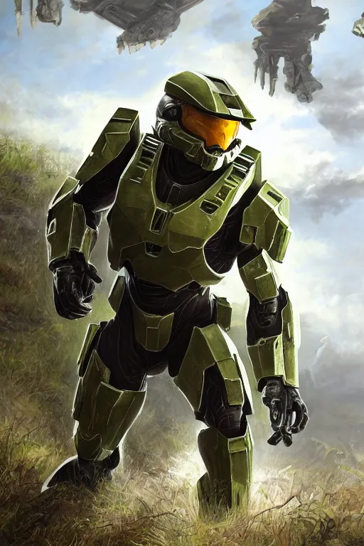 Image similar to master chief from halo 3 hunting easter eggs, easter, oil on canvas, intricate, portrait, 8 k highly professionally detailed, hdr, cgsociety