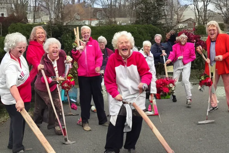 Image similar to a gang of old ladies waving sledge hammers and flowers, and wearing track suits laughing maniacally and screaming