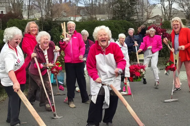 Prompt: a gang of old ladies waving sledge hammers and flowers, and wearing track suits laughing maniacally and screaming