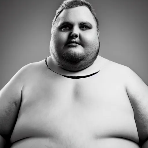 Prompt: An obese man with an extremely fat face and dark neck beard, long ponytail styled hair, confident looking, black and white photo, softbox studio lighting