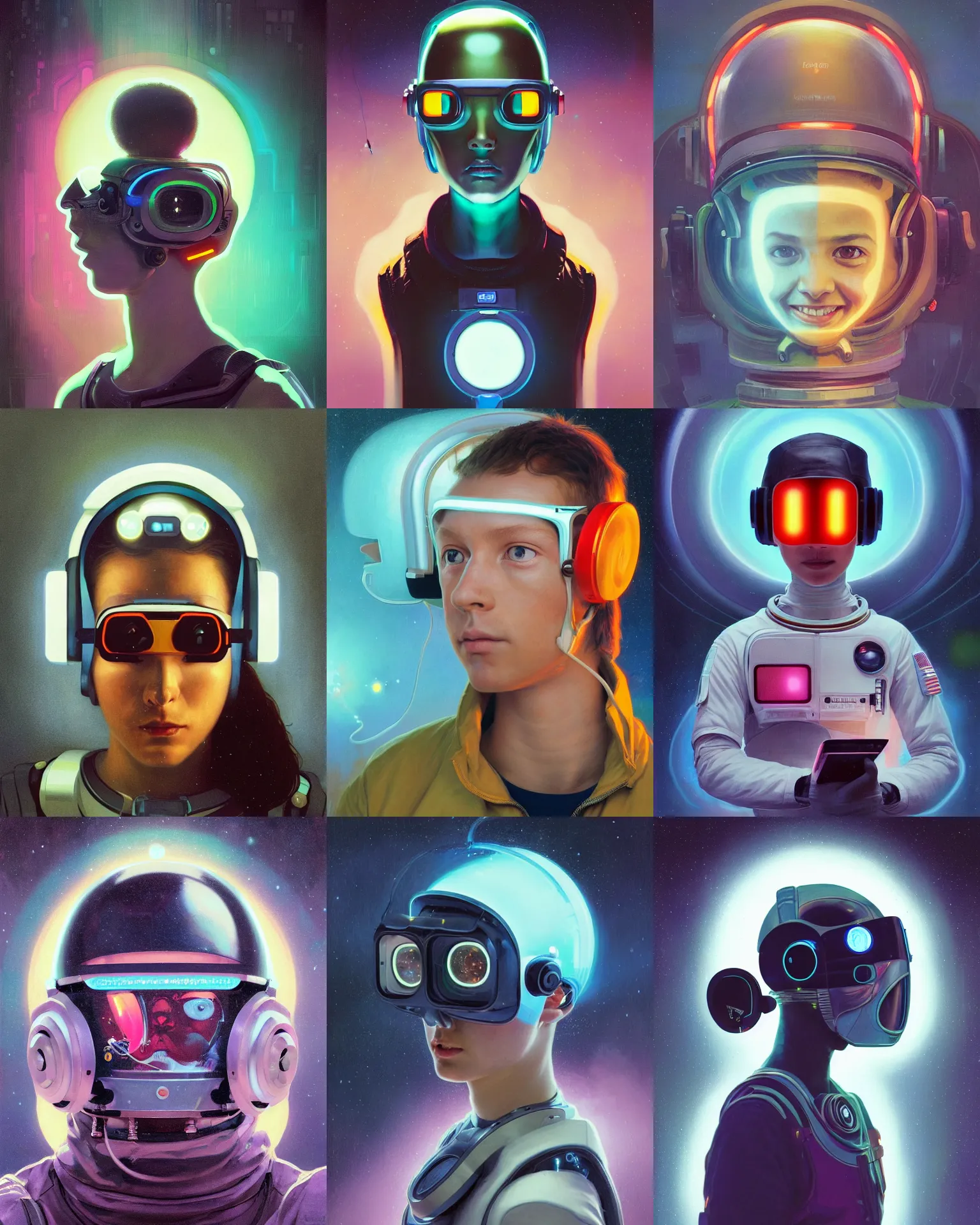 Prompt: future coder looking on, compact cyclops visor over eyes and sleek neon headphoneset, space station skinny uniform electric lights, desaturated headshot portrait painting by dean cornwall, ilya repin, rhads, tom whalen, alex grey, alphonse mucha, donoto giancola, astronaut cyberpunk electric fashion photography