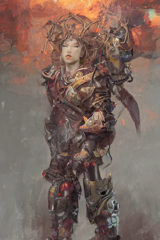 Image similar to portrait of beautiful young mainem, warhammer, japaneese style, cyberpunk armor, a lot of more scars, more and more flowers, orange head, the middle ages, highly detailed, artstation, illustration, art by greg rutkowski, 8 k quality