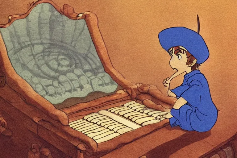 Image similar to A cell animation of an old wizard playing a magical pipe organ, Nausicaa of the Valley of the Wind, Miyazaki Hayao, ghibli style, illustration, anime, trending on artstaion