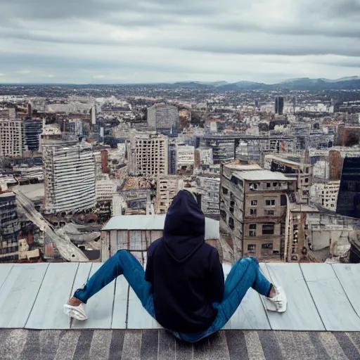 Prompt: A girl in a hoodie and jeans sits on a roof with their legs dangling off the edge looking at the cityscape