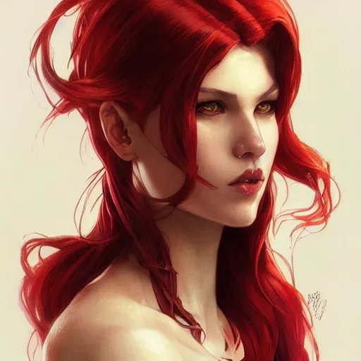 Image similar to a cool red - plate - haired girl. she is dressed as a superhero. clean elegant painting, beautiful detailed face. by artgerm and greg rutkowski and alphonse mucha