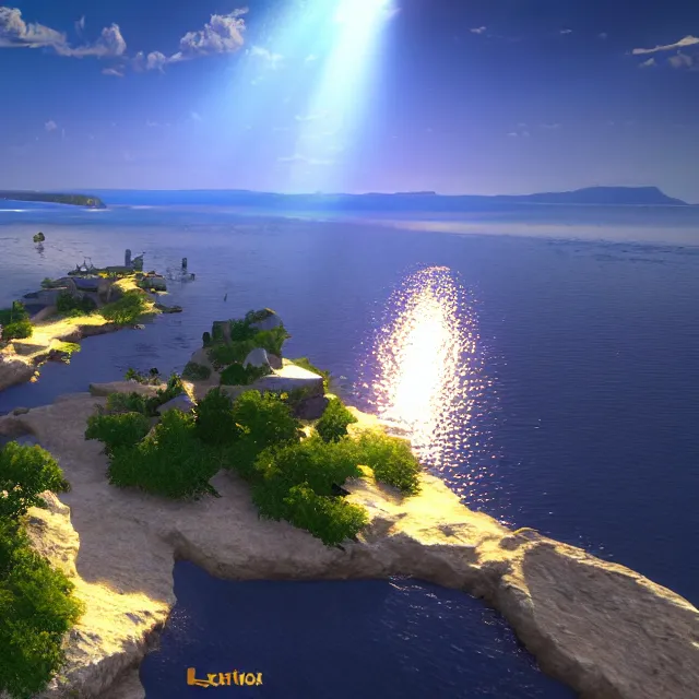 Image similar to lviv island on the sea, 8 k ultra realistic, lens flare, atmosphere, glow, detailed, intricate, full of colour, led lighting, 4 k, hyperrealistic, focused, extreme details, unreal engine 5, masterpiece