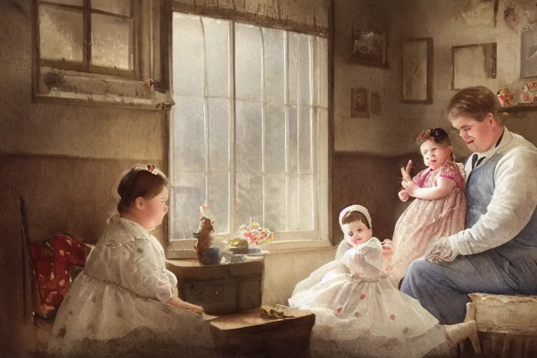 Image similar to charming and chubby parents and their very fat baby girl, wearing a polka dot cloths and a victorian - style hairdo, sits in the large and bright studio. sunlight enters through the barred window. delicate watercolor and pencil on canvas. beautiful lighting, 4 k post - processing, highly detailed, 5 k extremely detailed, 3 d. cinematic scene.