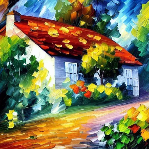 Image similar to a cottage with a garden, leonid afremov