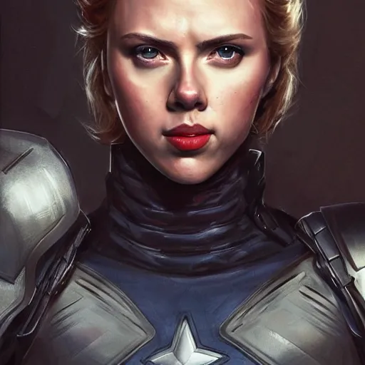 Prompt: captain america played by by scarlett johansson wearing heavy armour, face portrait, athletic strong body, hd shot, digital portrait, elegant, beautiful, fantasy art, artstation, comic style, by artgerm, guy denning, jakub rozalski, magali villeneuve and charlie bowater