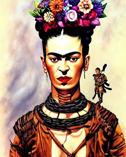 Prompt: portrait of a skinny punk frida kahlo wearing armor by simon bisley, john blance, frank frazetta, fantasy, thief warrior, floral flowers colorful