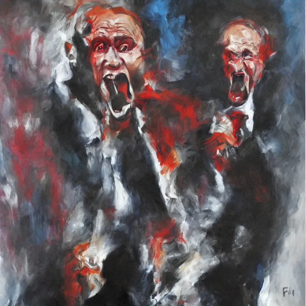 Image similar to oil painting of evil vladimir putin, screaming eyes wide shot art by francis bacon