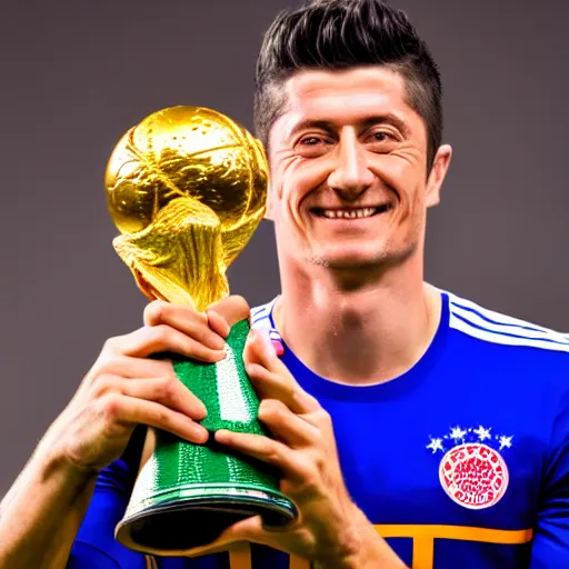 Image similar to portrait of Robert Lewandowski holding World Cup trophy, 4k, hq, high details, natural light, perfect quality, professional photography, award winning photo, a lot of details, perfect face