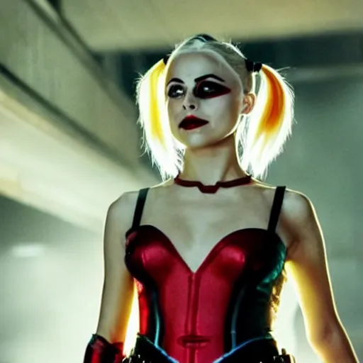 Prompt: film still of willa holland as an attractive harley quinn in the 2 0 1 7 film justice league, bleach blonde hair, focus - on - facial - details!!!!!!!!!!!!, minimal bodycon feminine costume, dramatic cinematic lighting, front - facing perspective, promotional art