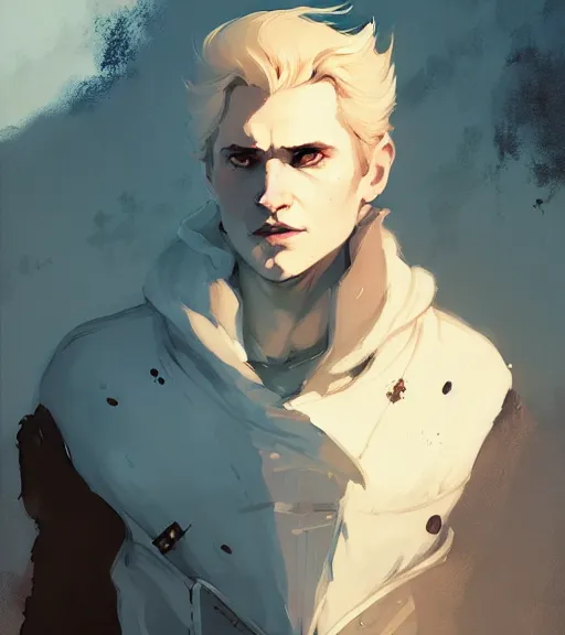 Image similar to portrait of cullen from dragon age with a beautiful woman by atey ghailan, by greg rutkowski, by greg tocchini, by james gilleard, by joe fenton, by kaethe butcher, dynamic lighting, gradient light blue, brown, blonde cream and white color scheme, grunge aesthetic