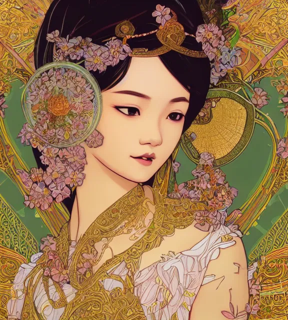 Prompt: beautiful and detailed digital illustration of thai rice princess by kittichai rueangchaichan and Ilya Kuvshinov, floralpunk, Artstation, art nouveau aesthetic, Alphonse Mucha background, intricate details,