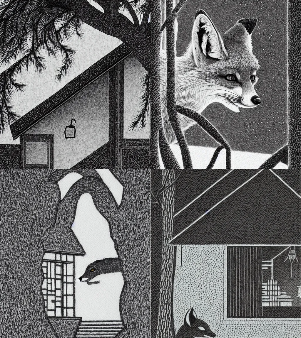 Prompt: a sly fox peeking around a house by Shen Quan, trending on tumblr, HD, detailed, pointillism, monochrome, realism, painting, shintoism