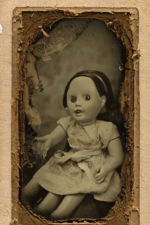 Image similar to dirty cracked crying vintage doll sitting in dirt basement cobwebs tintype photo